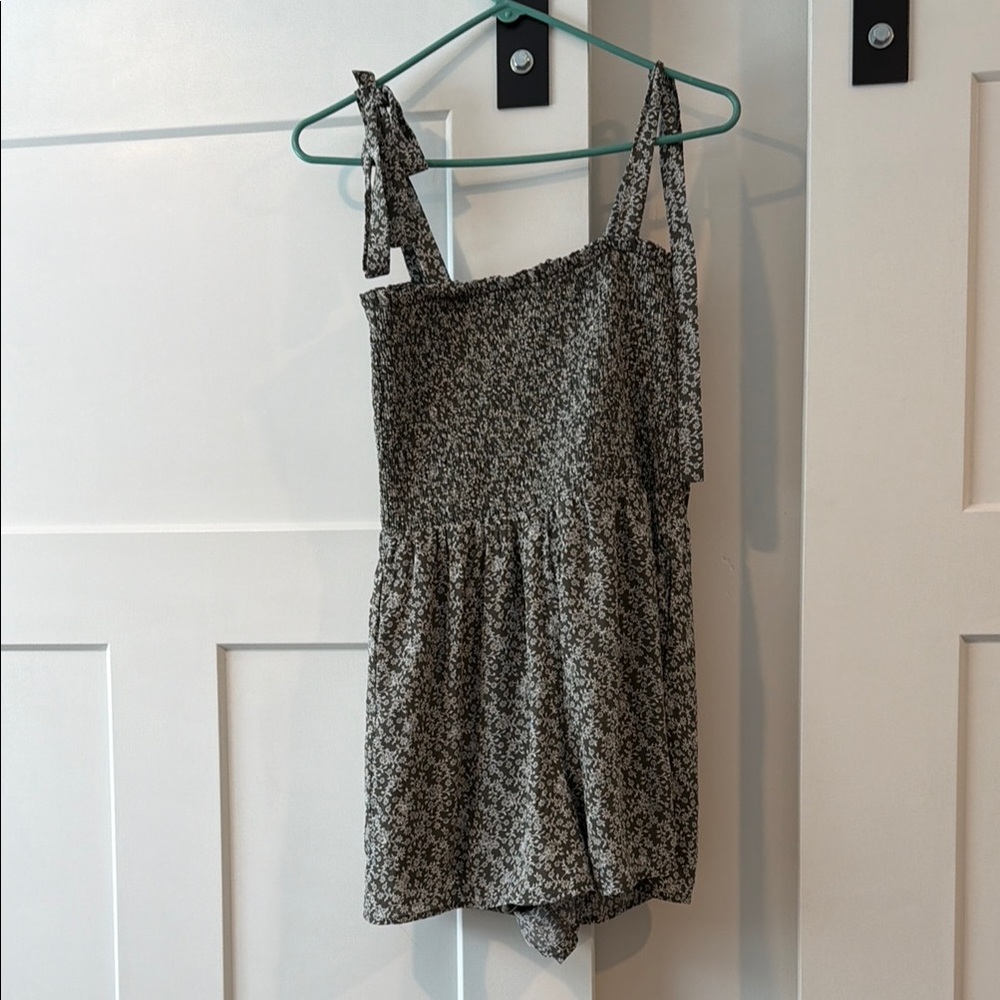 Floral Smocked Romper with Tie Straps - Olive & White